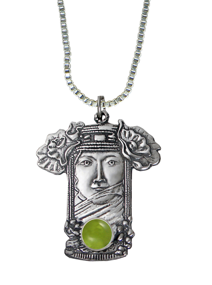 Sterling Silver Veiled Woman Maiden Pendant With Peridot